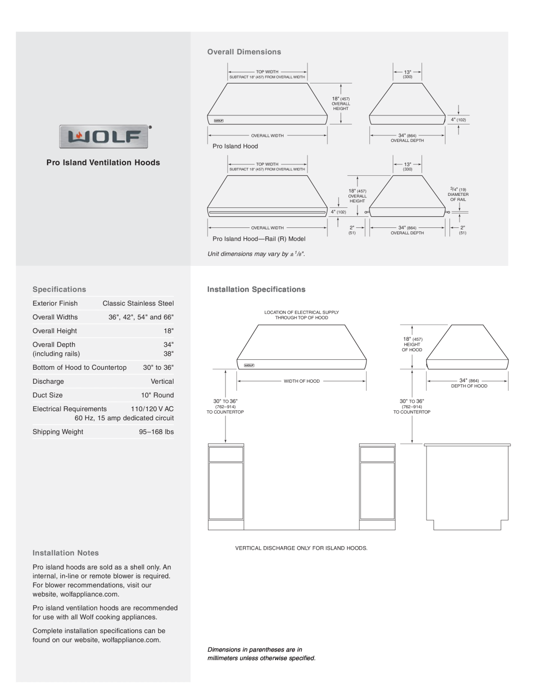 Wolf Appliance Company PI363418, PI423418 manual Overall Dimensions, Installation Specifications, Installation Notes 