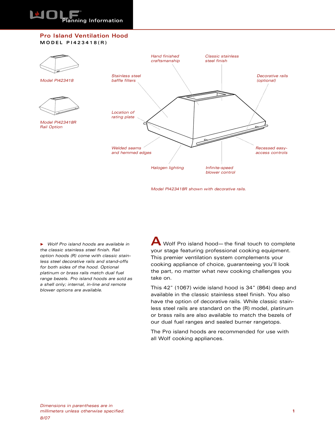 Wolf Appliance Company PI423418(R) dimensions Pro Island Ventilation Hood 