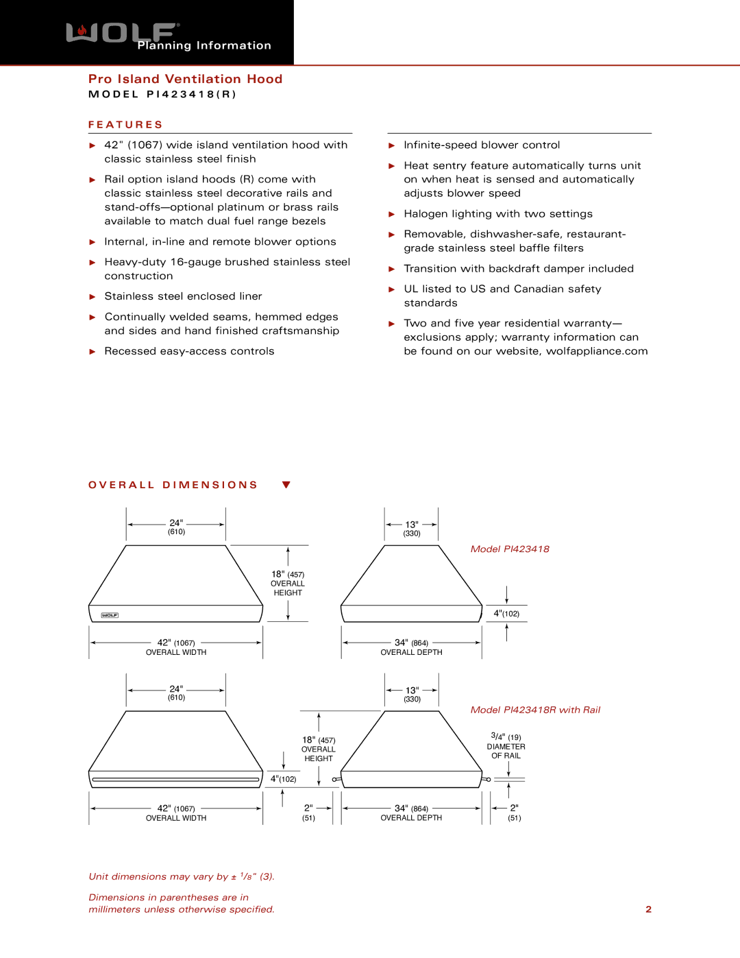 Wolf Appliance Company PI423418(R) dimensions A T U R E S, E R a L L D I M E N S I O N S 