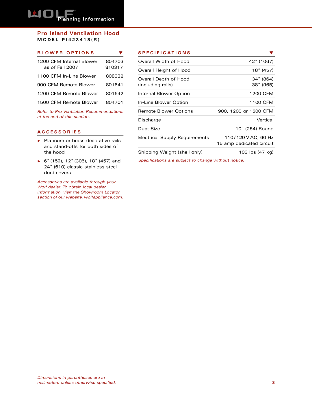 Wolf Appliance Company PI423418(R) dimensions O W E R O P T I O N S, C E S S O R I E S, Specification S 