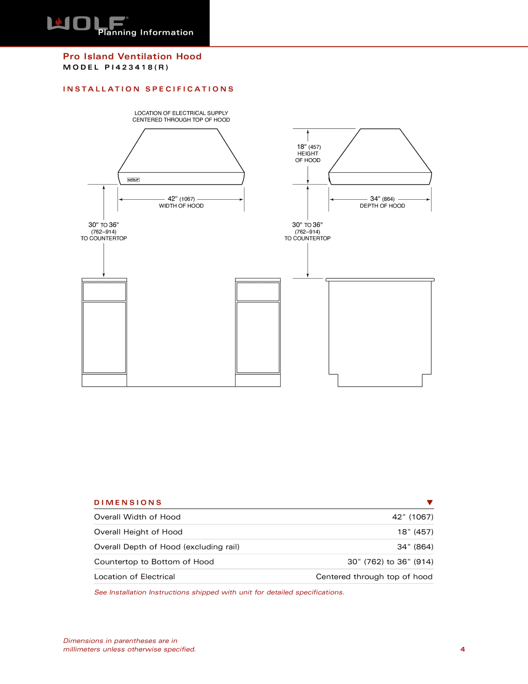 Wolf Appliance Company PI423418(R) dimensions Installation Specification S, M E N S I O N S 