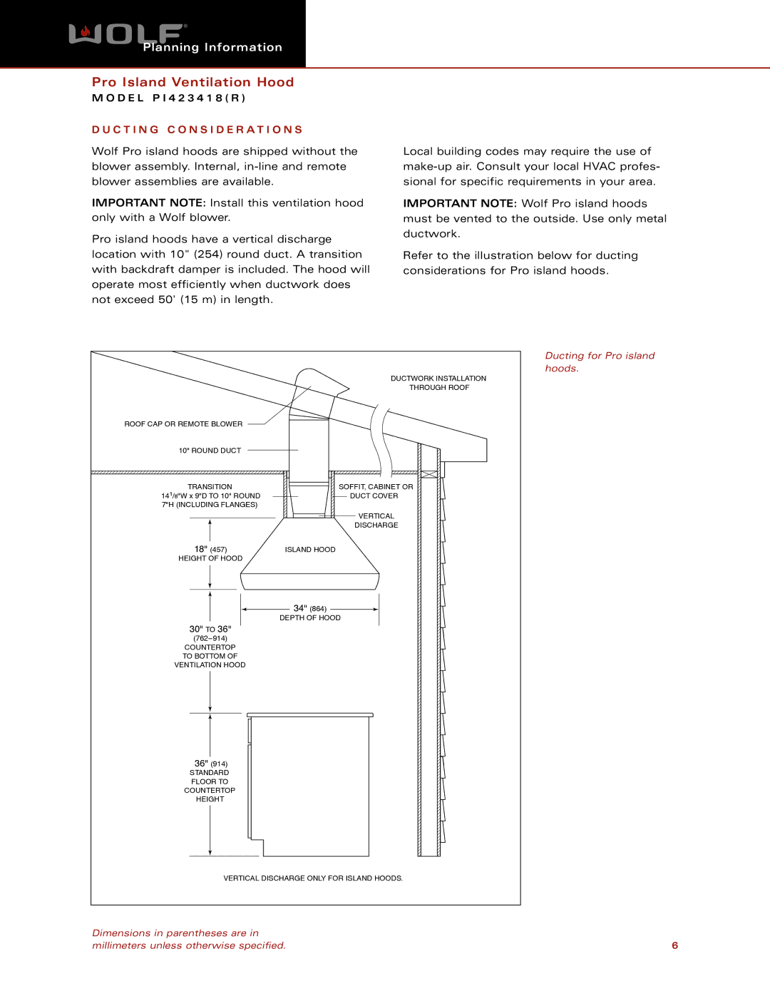 Wolf Appliance Company PI423418(R) dimensions C T I N G C O N S I D E R a T I O N S, 30 to 