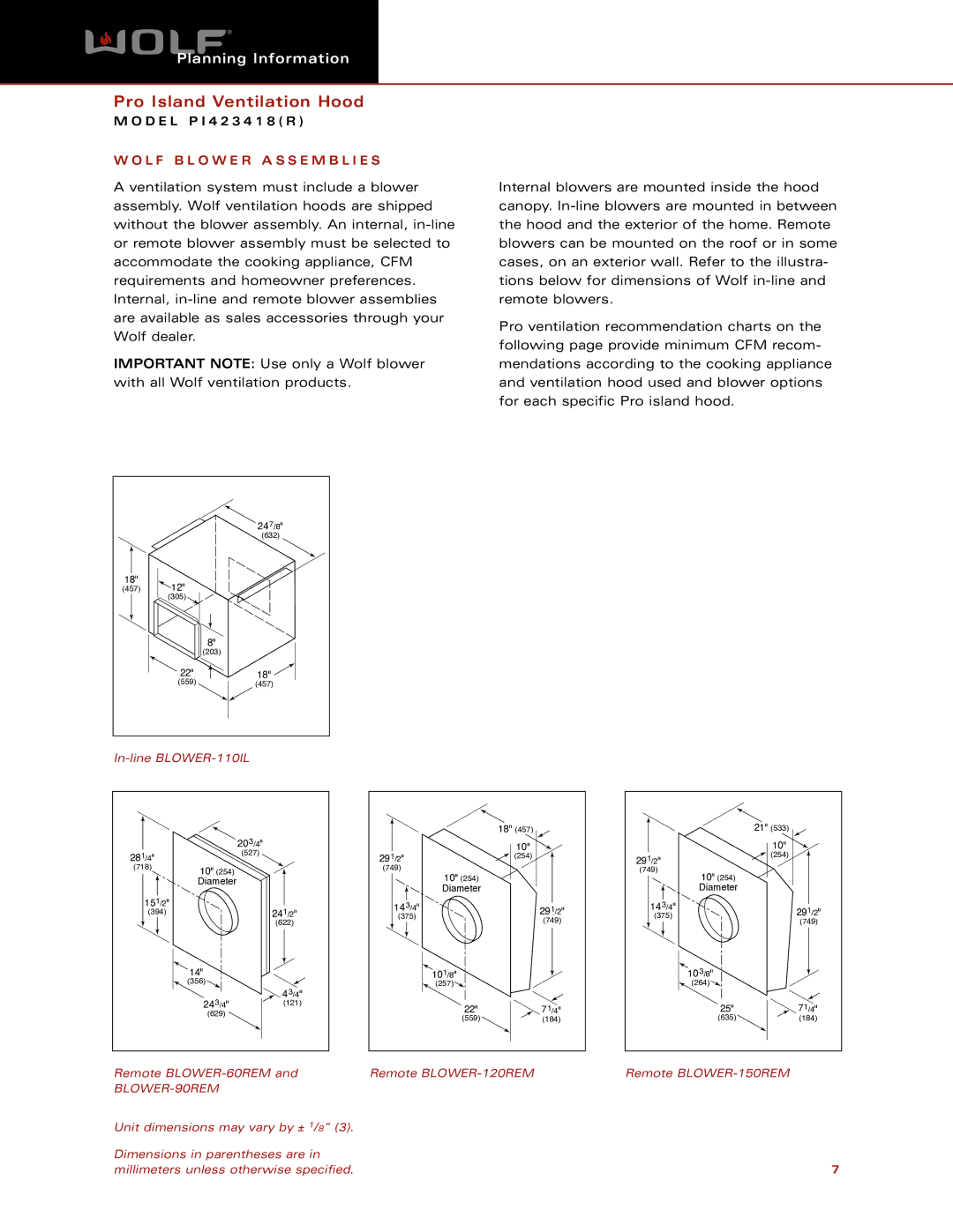 Wolf Appliance Company PI423418(R) dimensions L F B L O W E R a S S E M B L I E S 