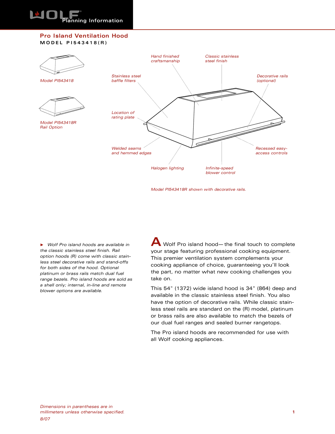 Wolf Appliance Company PI543418( R ) dimensions Pro Island Ventilation Hood 