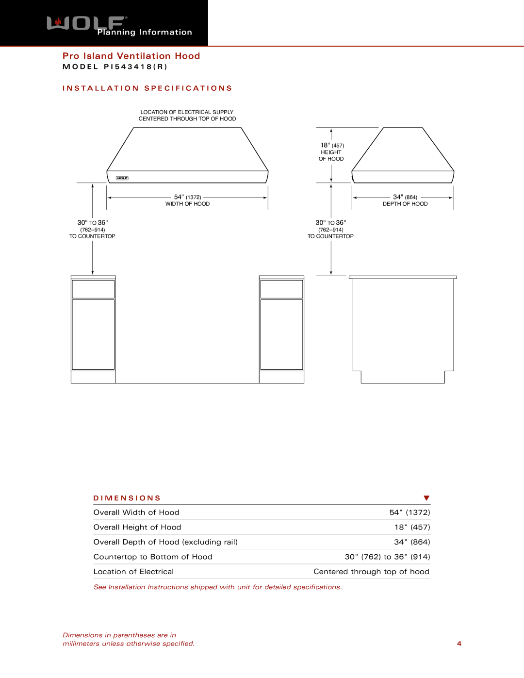 Wolf Appliance Company PI543418( R ) dimensions Installation Specification S, M E N S I O N S 