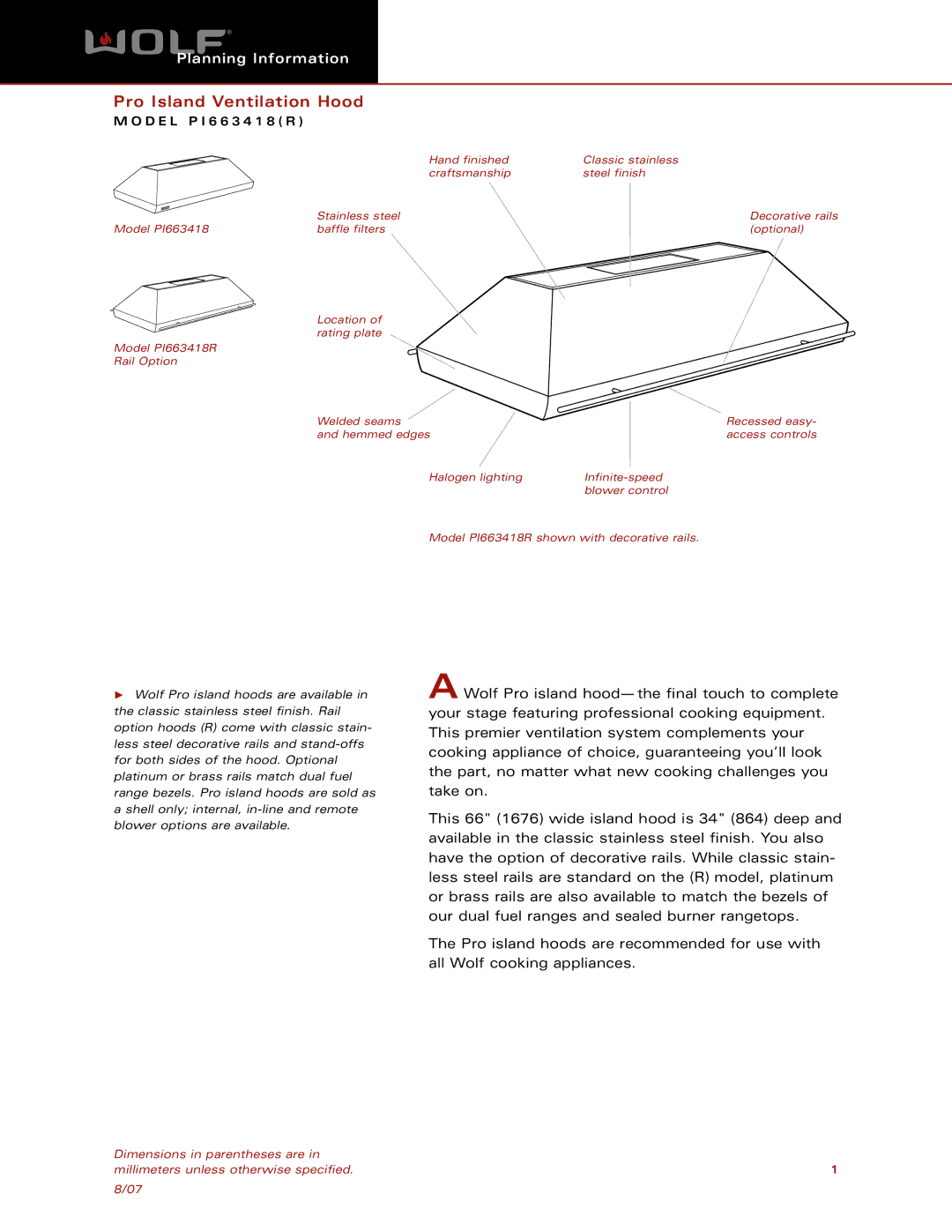 Wolf Appliance Company PI663418 dimensions Pro Island Ventilation Hood 