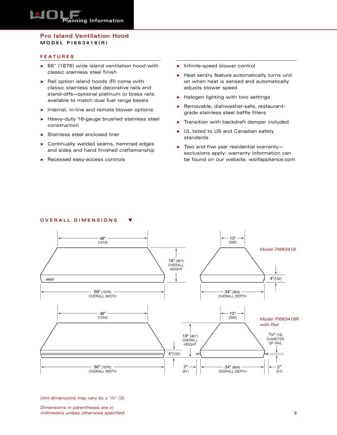 Wolf Appliance Company PI663418 dimensions A T U R E S, E R a L L D I M E N S I O N S 