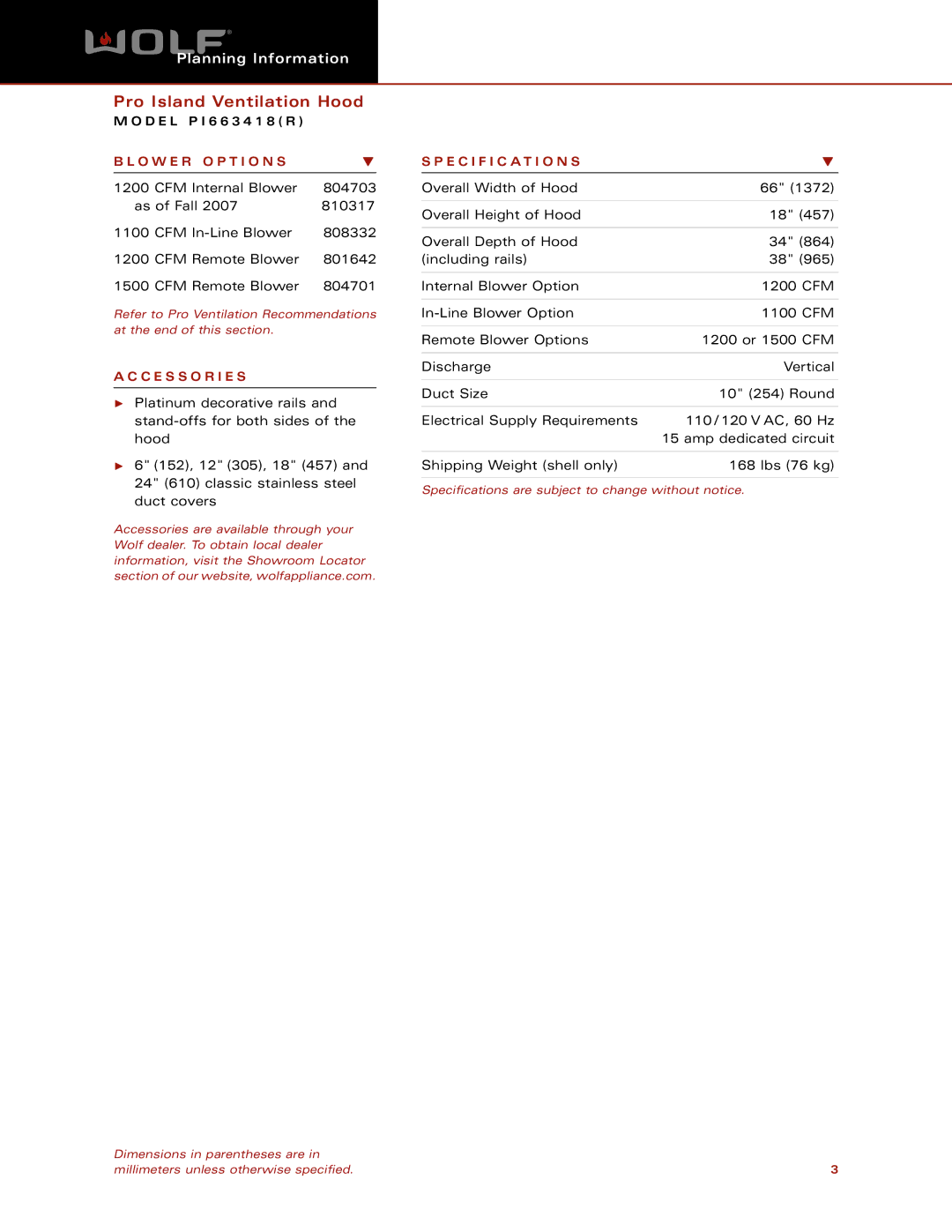 Wolf Appliance Company PI663418 dimensions O W E R O P T I O N S, C E S S O R I E S, Specification S 