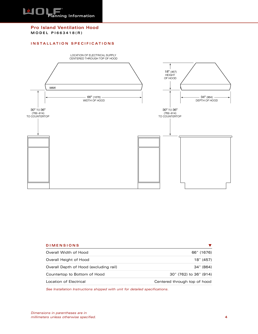 Wolf Appliance Company PI663418 dimensions Installation Specification S, M E N S I O N S 