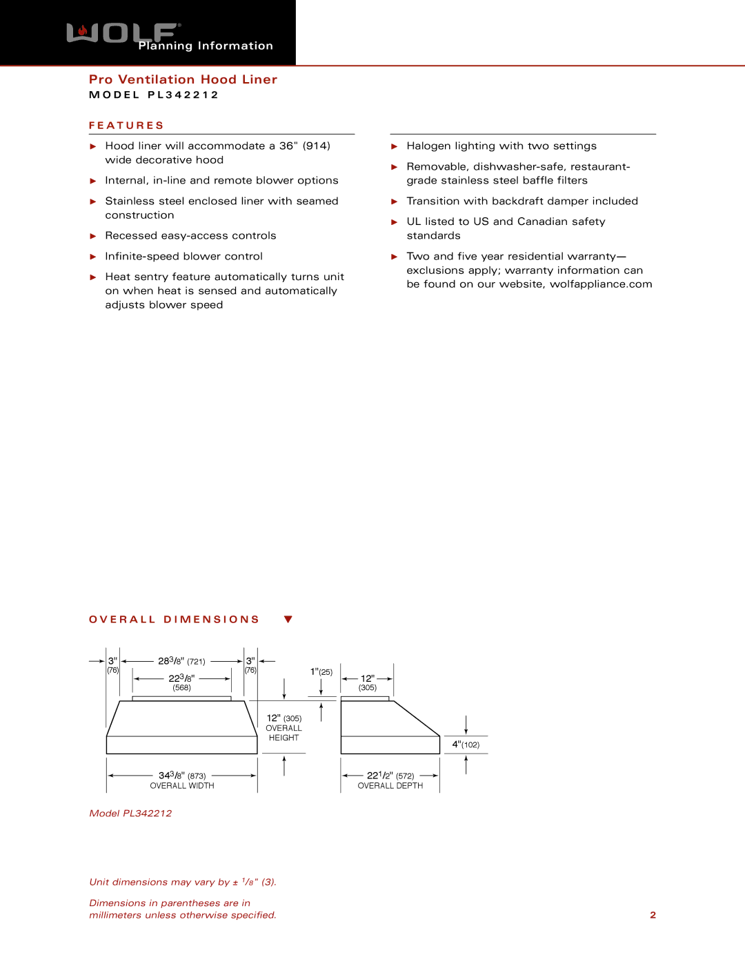 Wolf Appliance Company PL342212 dimensions A T U R E S, E R a L L D I M E N S I O N S 