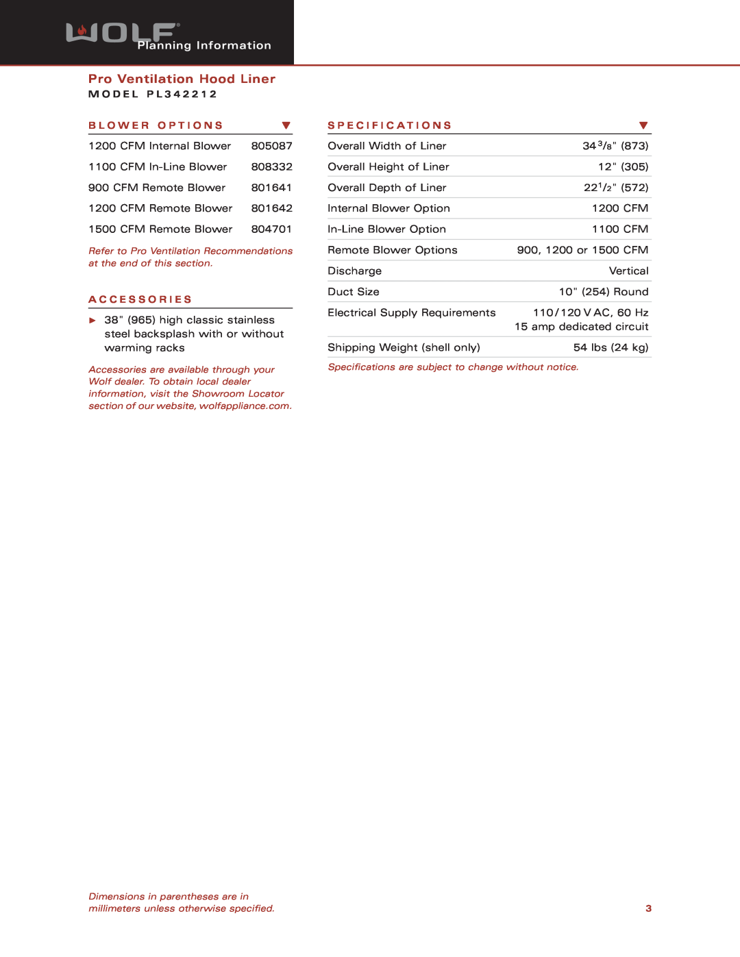 Wolf Appliance Company PL342212 Pro Ventilation Hood Liner, Planning Information, M O D E L P L 3 4, A C C E S S O R I E S 