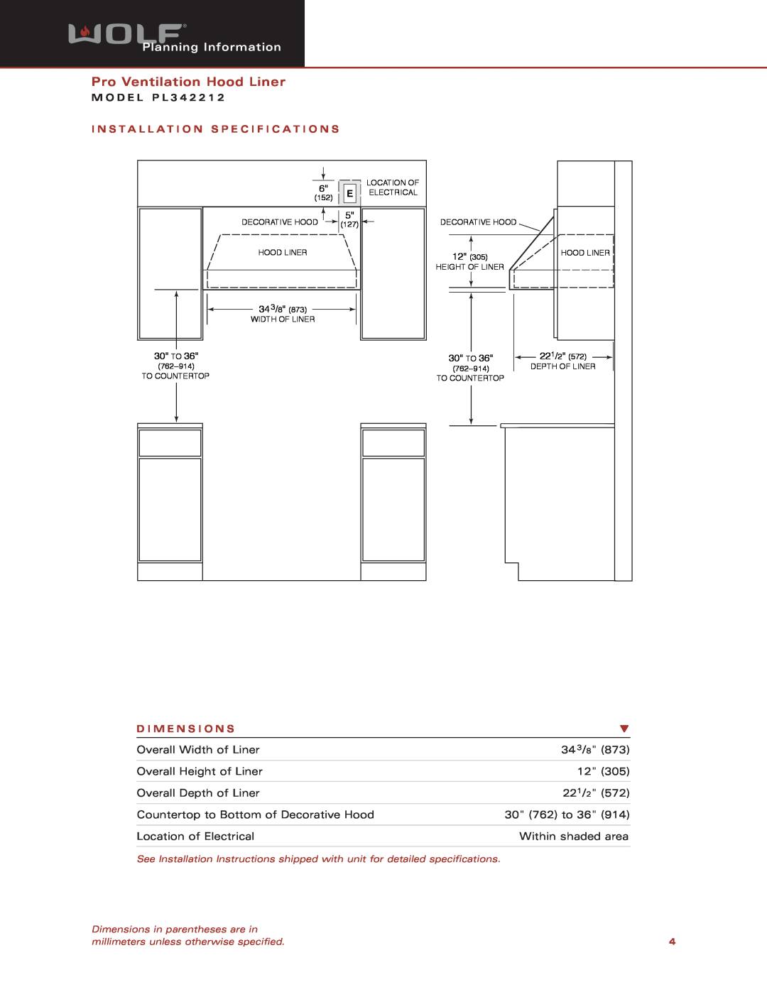 Wolf Appliance Company PL342212 Pro Ventilation Hood Liner, Planning Information, M O D E L P L 3 4, D I M E N S I O N S 
