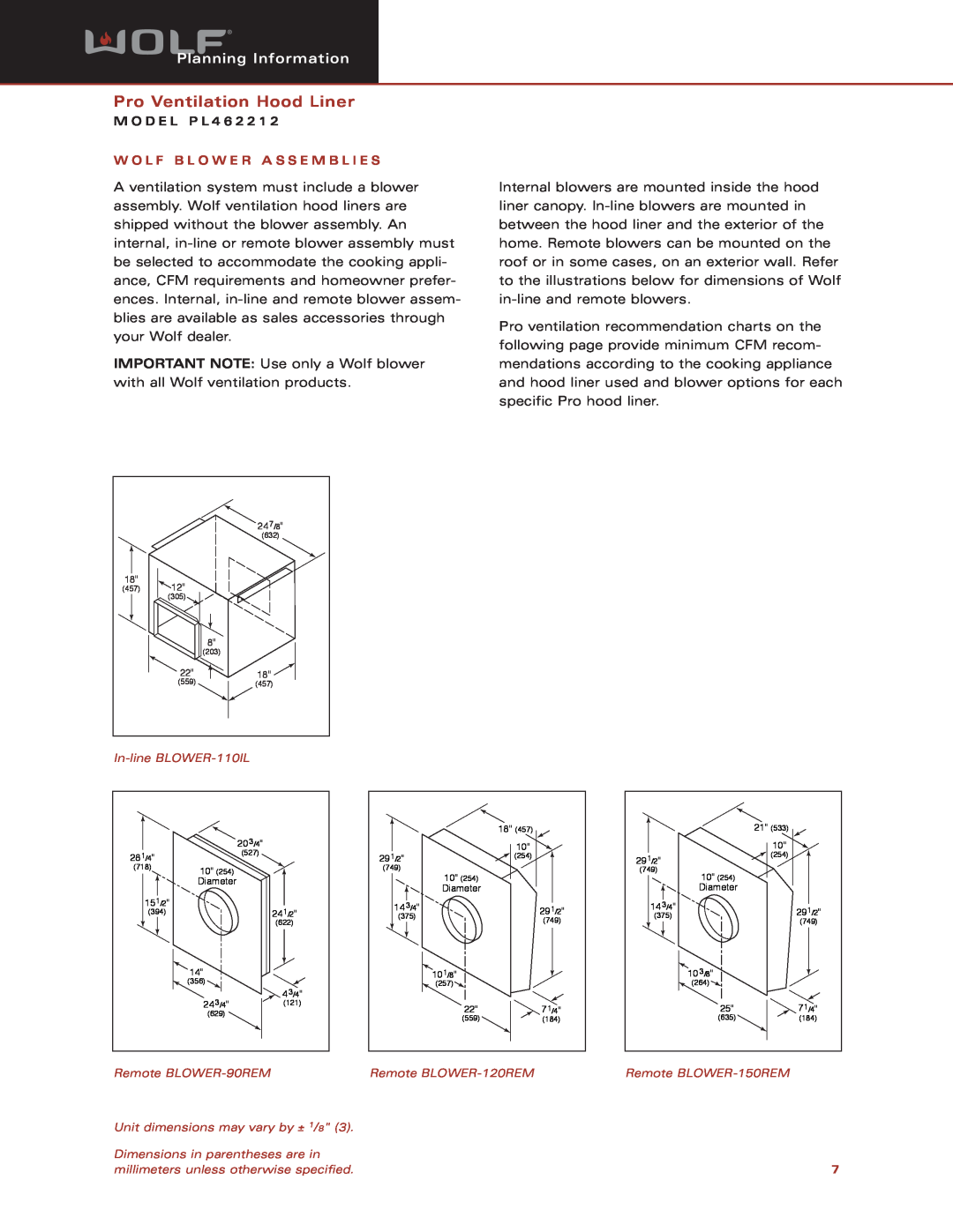Wolf Appliance Company PL462212 dimensions Pro Ventilation Hood Liner, Planning Information, M O D E L P L 4 6 