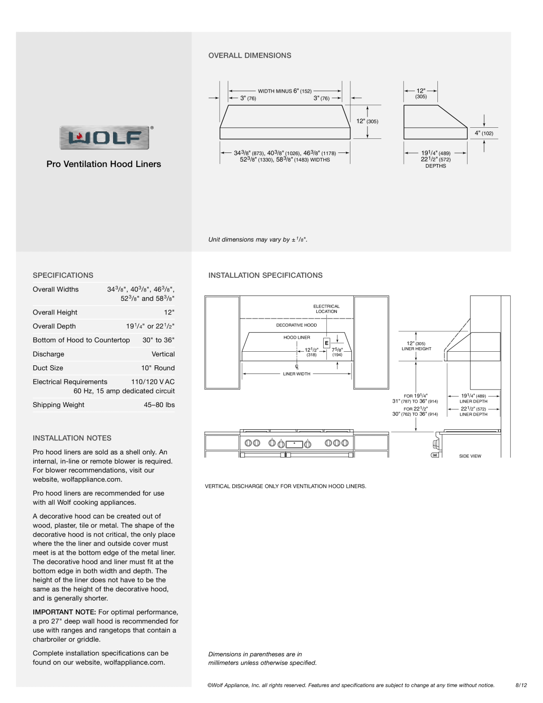 Wolf Appliance Company PL461912, PL522212, PL582212 Overall Dimensions, Installation Notes, Installation Specifications 