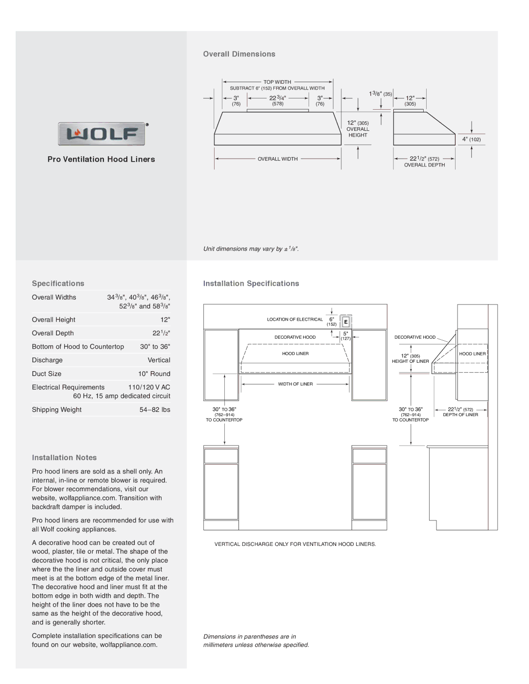 Wolf Appliance Company PL582212 manual Overall Dimensions, Specifications Installation Specifications, Installation Notes 