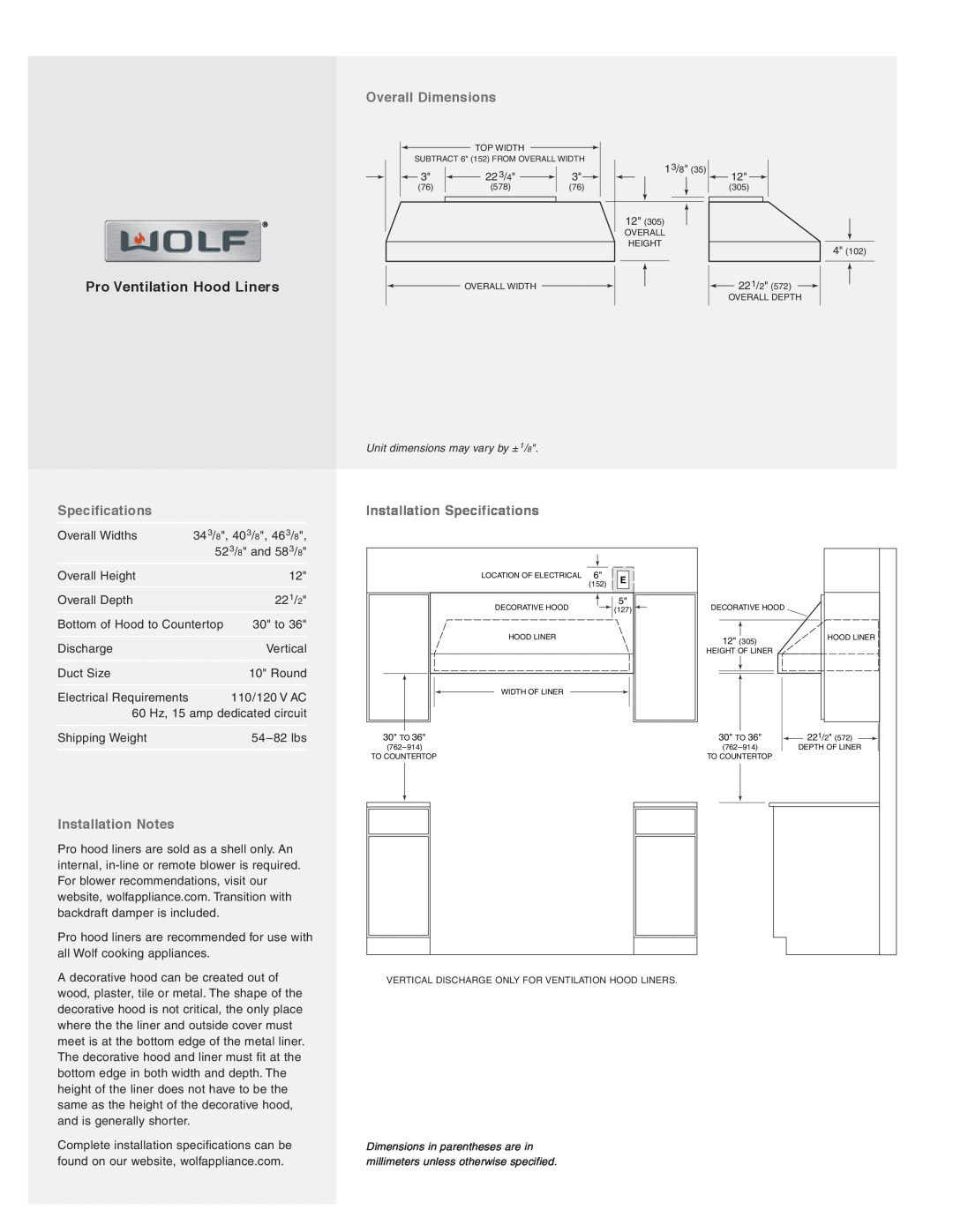 Wolf Appliance Company PL582212, PL402212 manual Overall Dimensions, Installation Specifications, Installation Notes 