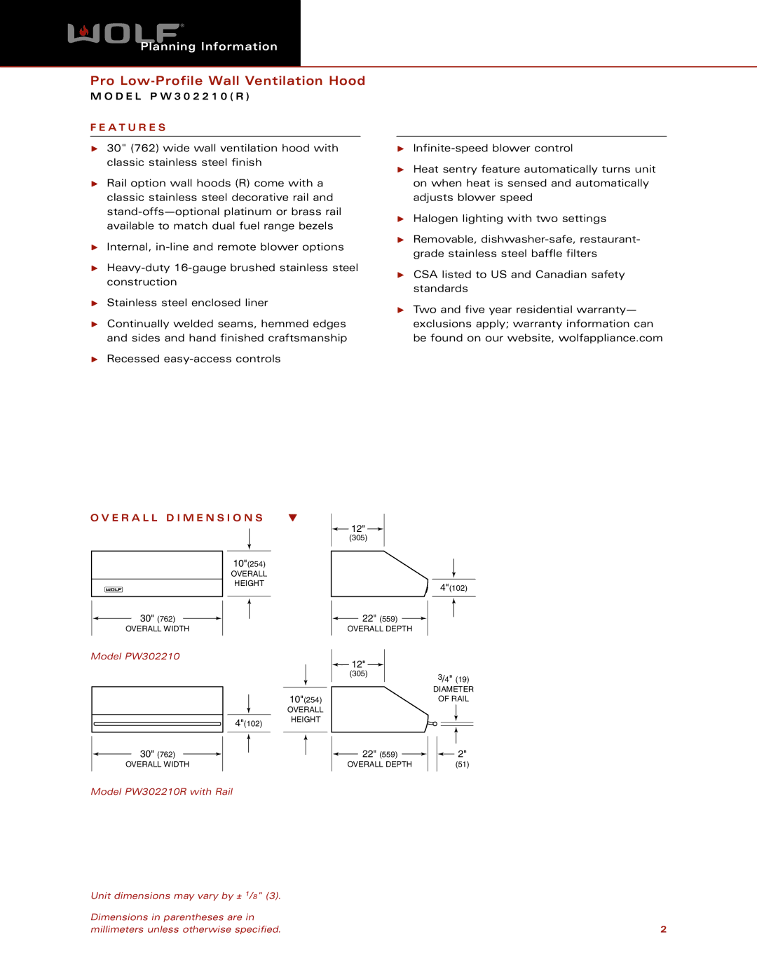 Wolf Appliance Company PW302210R dimensions A T U R E S, E R a L L D I M E N S I O N S 