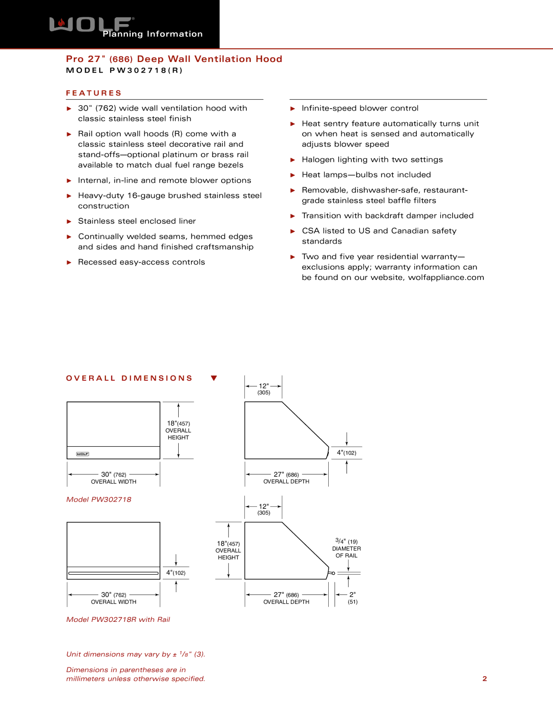 Wolf Appliance Company PW302718(R) dimensions A T U R E S, E R a L L D I M E N S I O N S 