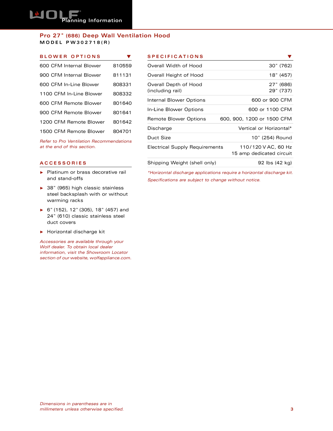 Wolf Appliance Company PW302718(R) dimensions O W E R O P T I O N S Specification S, C E S S O R I E S 