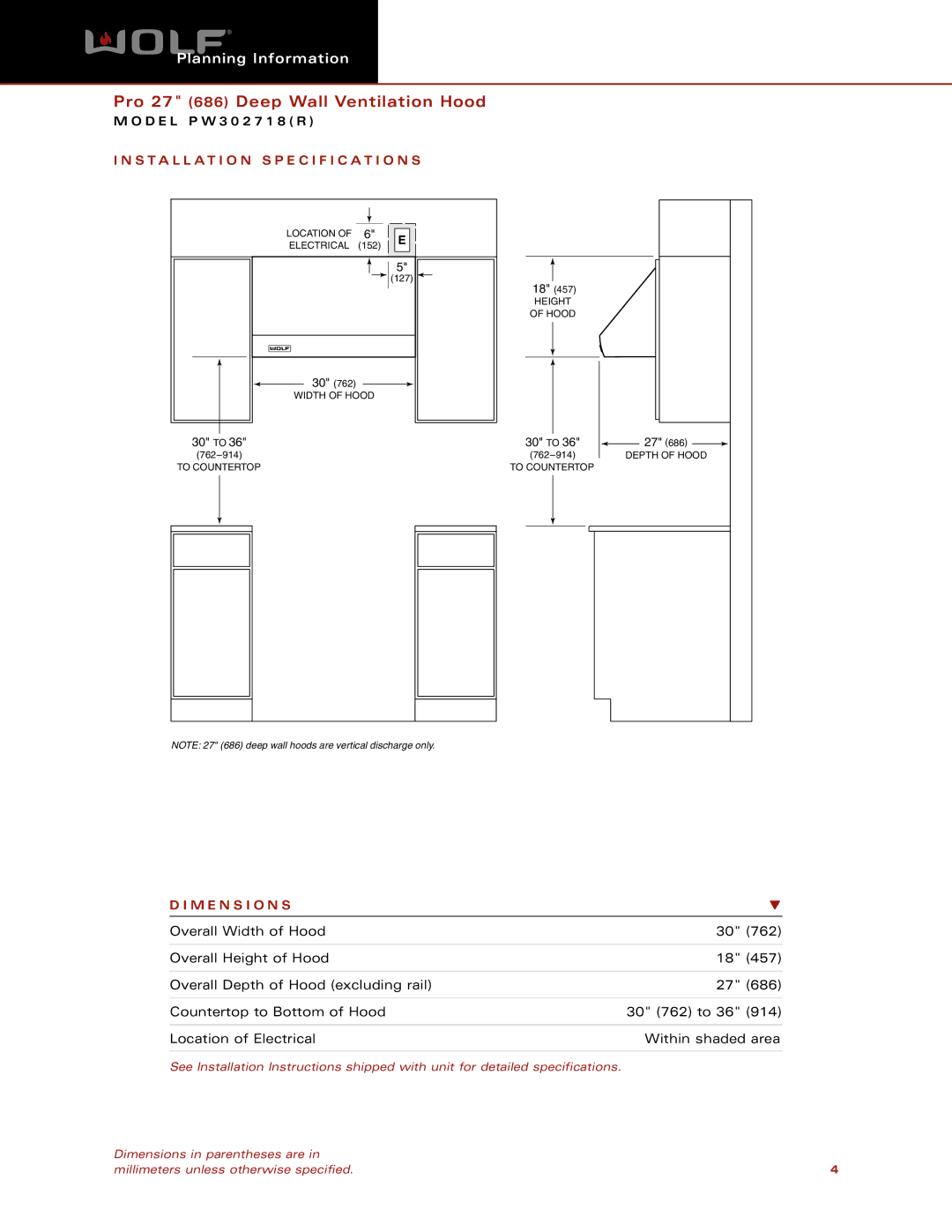 Wolf Appliance Company PW302718(R) dimensions Installation Specification S, M E N S I O N S 