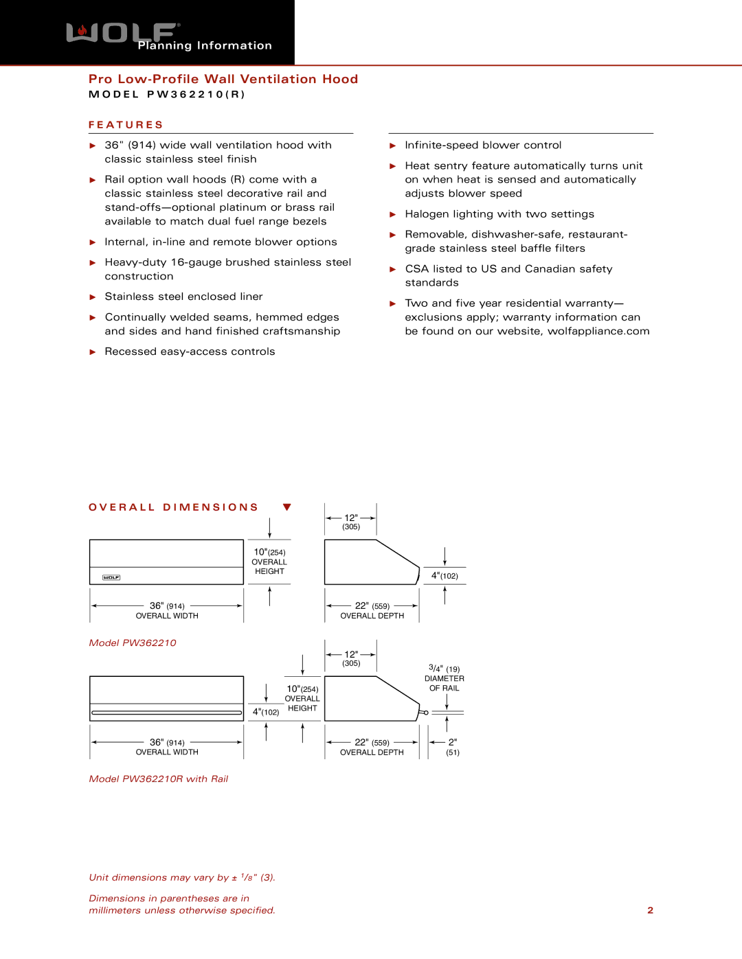 Wolf Appliance Company PW362210 dimensions A T U R E S, E R a L L D I M E N S I O N S 