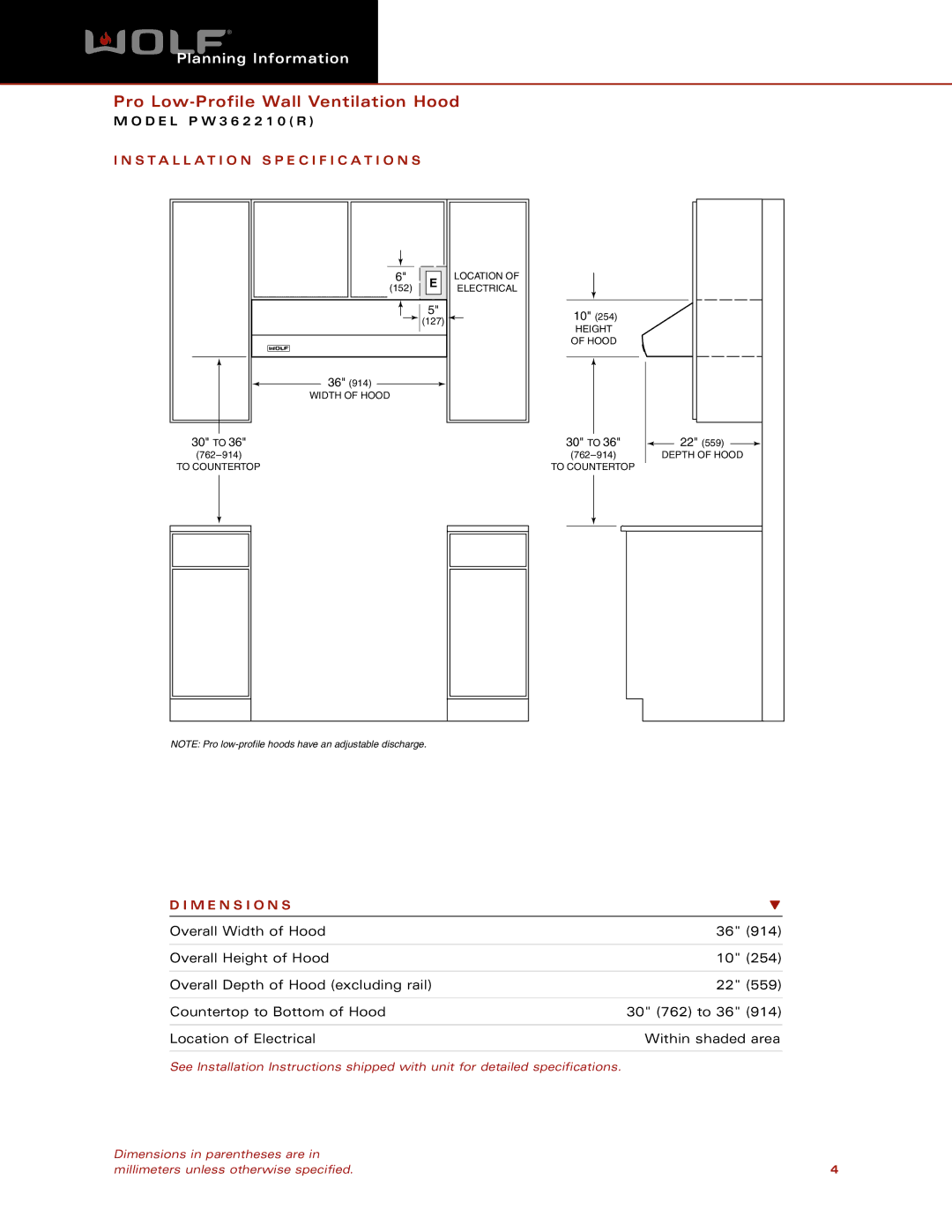 Wolf Appliance Company PW362210 dimensions Installation Specification S, M E N S I O N S 