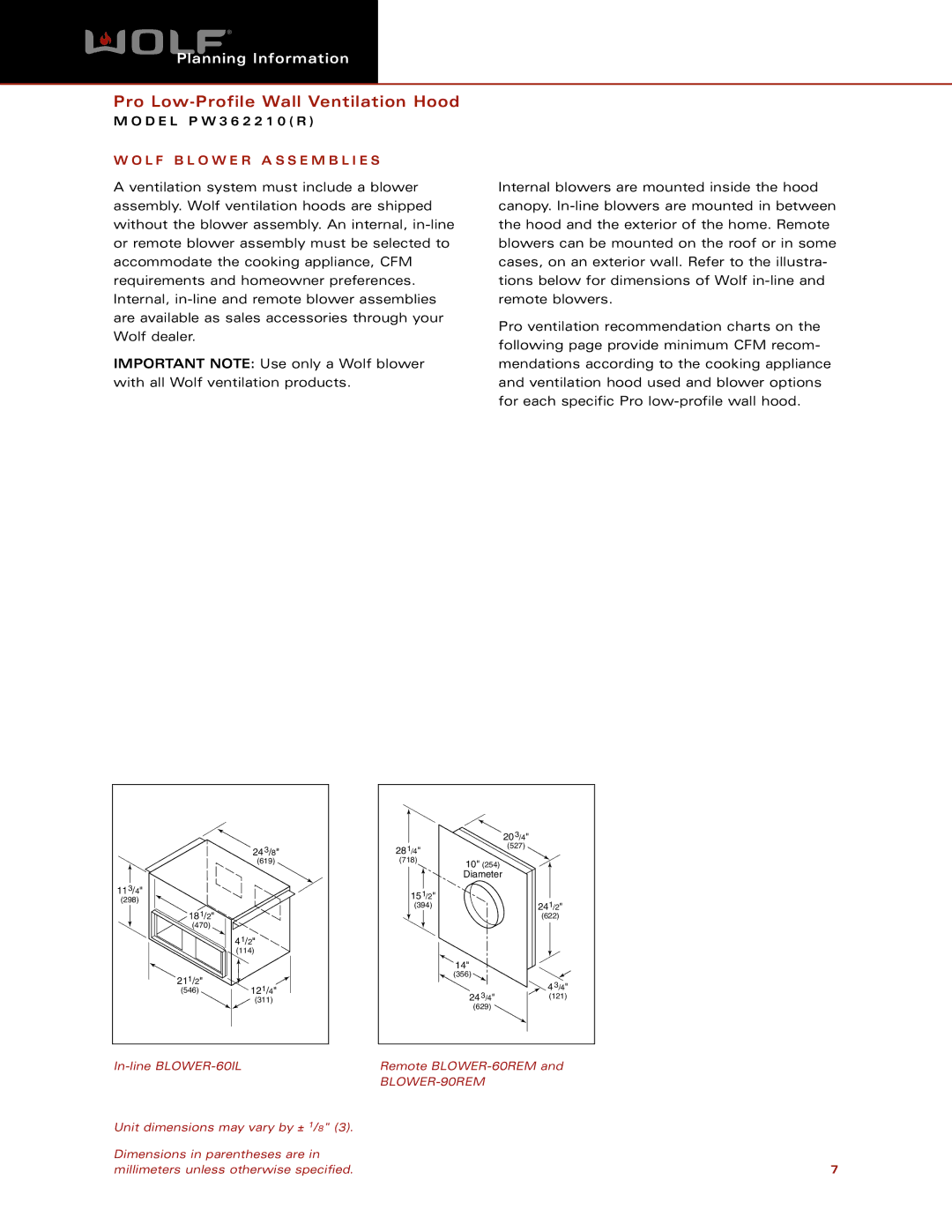 Wolf Appliance Company PW362210 dimensions L F B L O W E R a S S E M B L I E S 