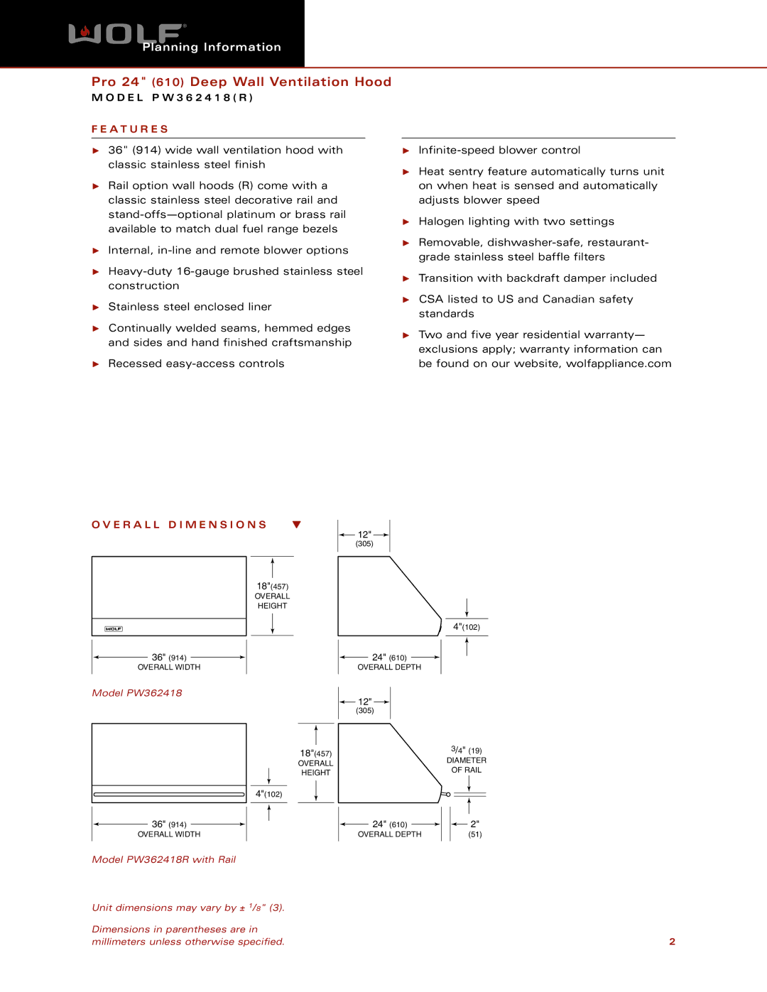 Wolf Appliance Company PW362418 dimensions A T U R E S, E R a L L D I M E N S I O N S 