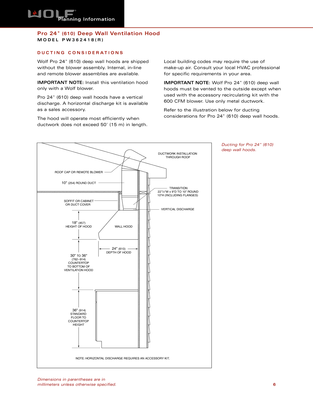 Wolf Appliance Company PW362418 dimensions C T I N G C O N S I D E R a T I O N S, Ducting for Pro 24 610 deep wall hoods 