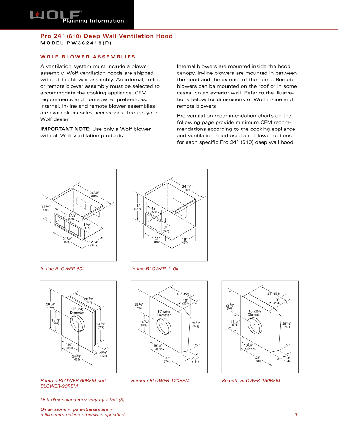 Wolf Appliance Company PW362418 dimensions L F B L O W E R a S S E M B L I E S 