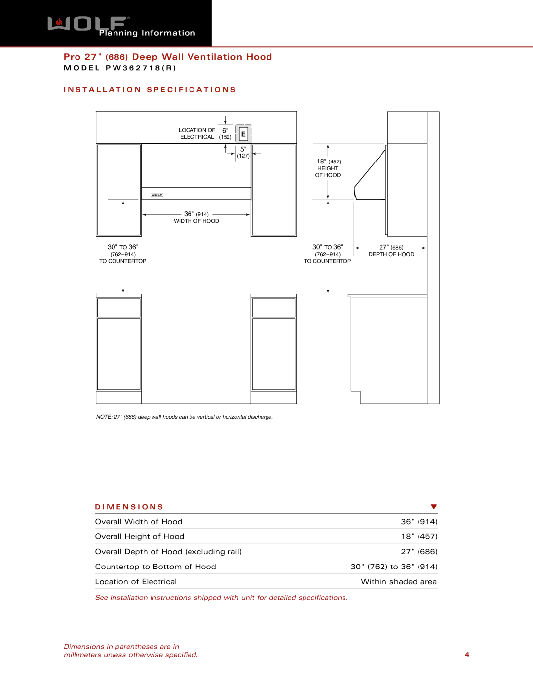 Wolf Appliance Company PW362718R dimensions Installation Specification S, M E N S I O N S 