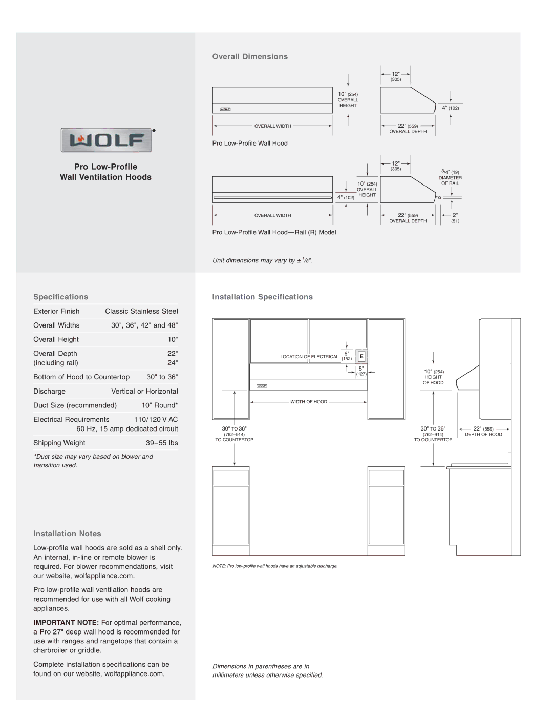 Wolf Appliance Company PW302210 manual Overall Dimensions, Specifications Installation Specifications, Installation Notes 