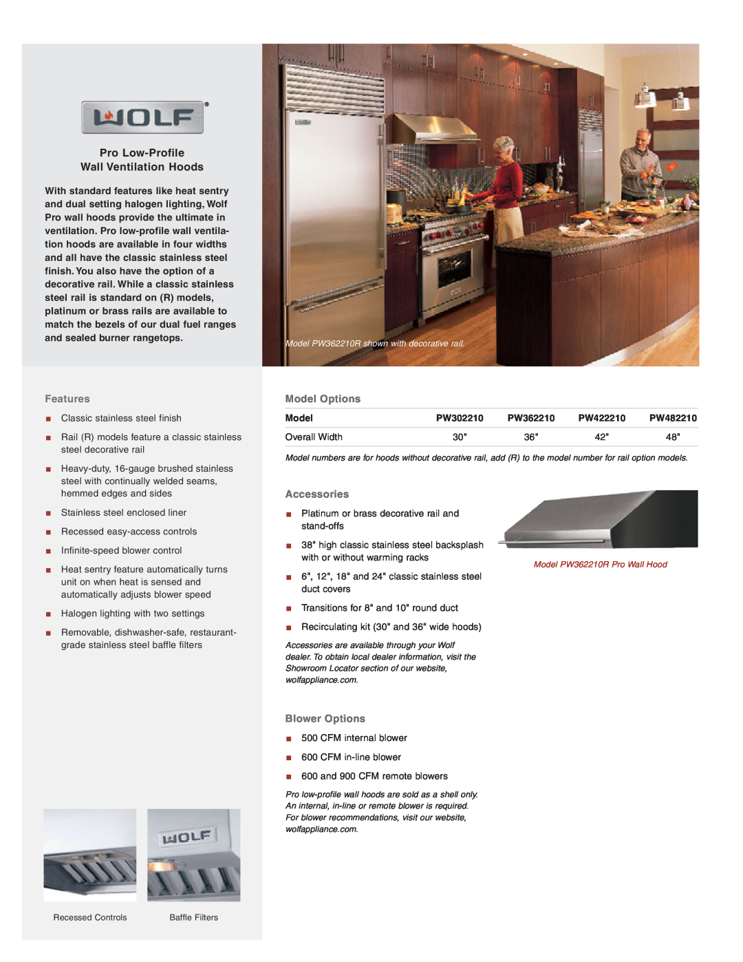 Wolf Appliance Company PW482210 manual Pro Low-Profile Wall Ventilation Hoods, Features, Model Options, Accessories 