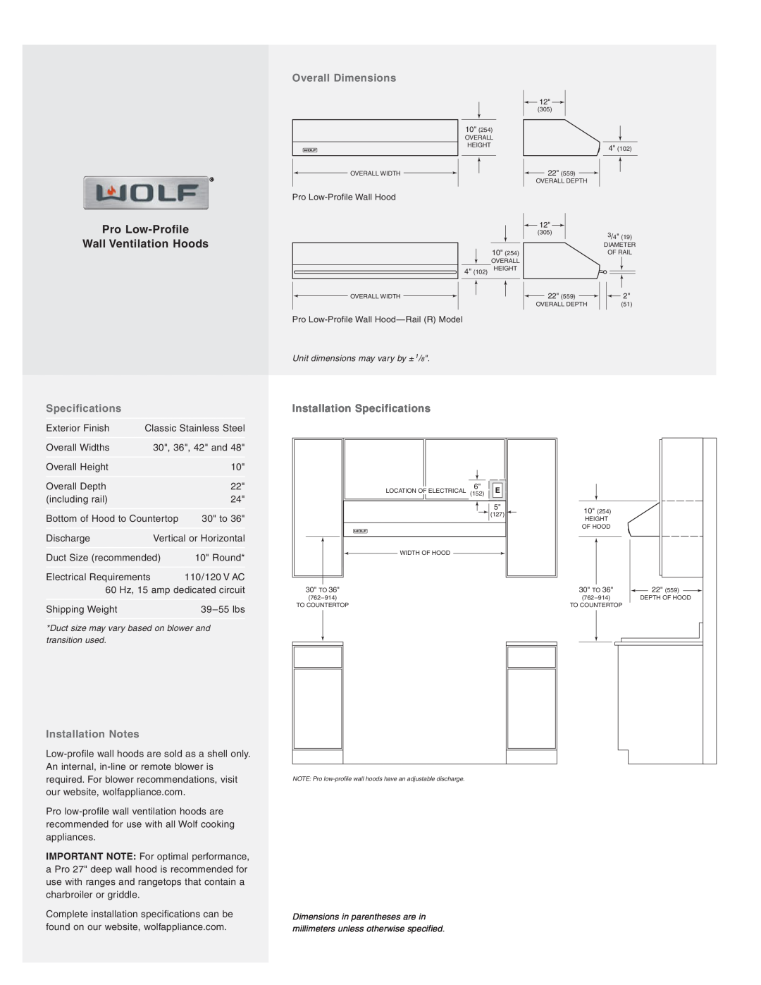 Wolf Appliance Company PW302210, PW422210, PW482210 Overall Dimensions, Installation Specifications, Installation Notes 