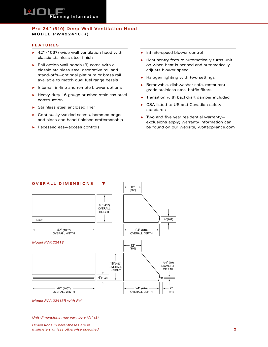 Wolf Appliance Company PW422418R dimensions A T U R E S, E R a L L D I M E N S I O N S, Model PW422418 