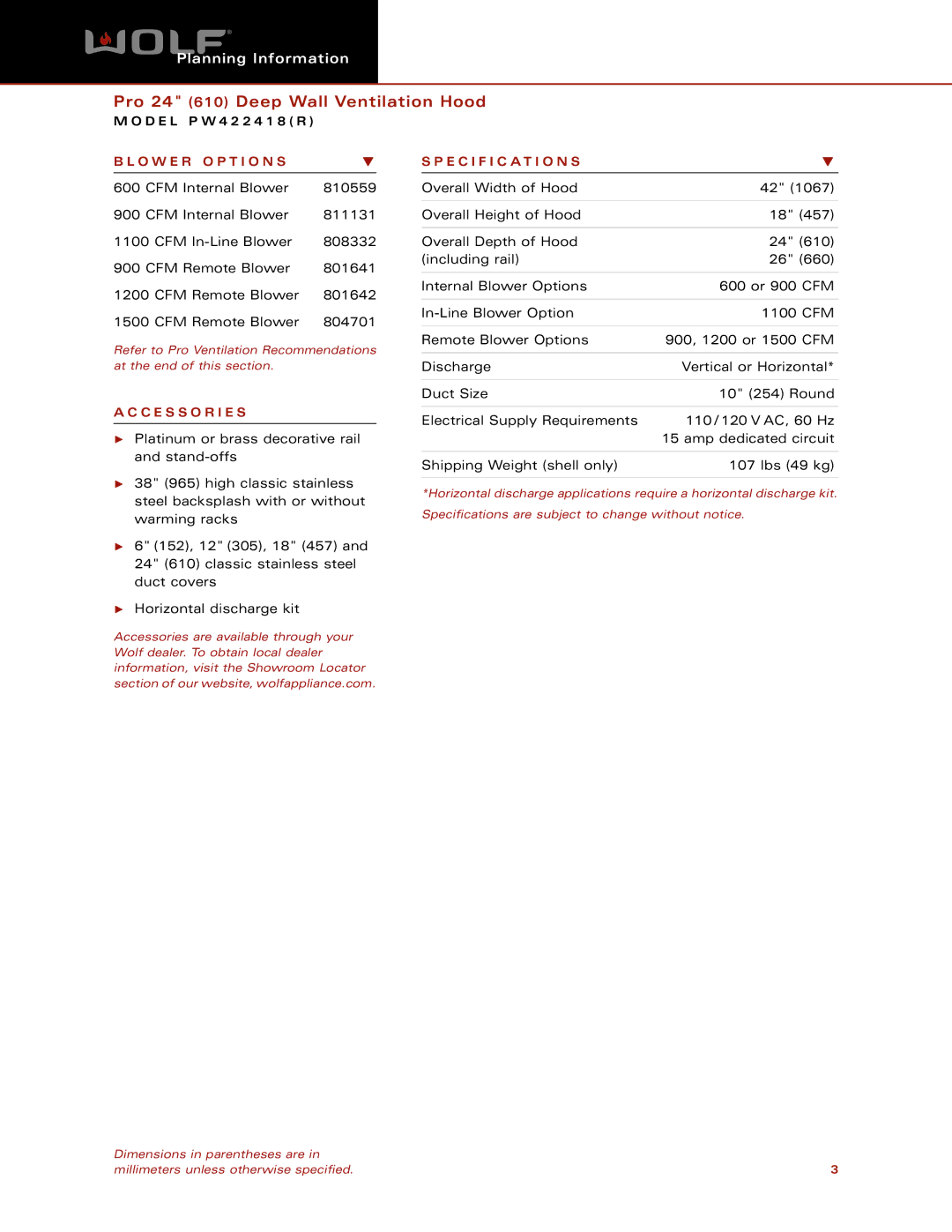 Wolf Appliance Company PW422418R dimensions O W E R O P T I O N S Specification S, C E S S O R I E S 