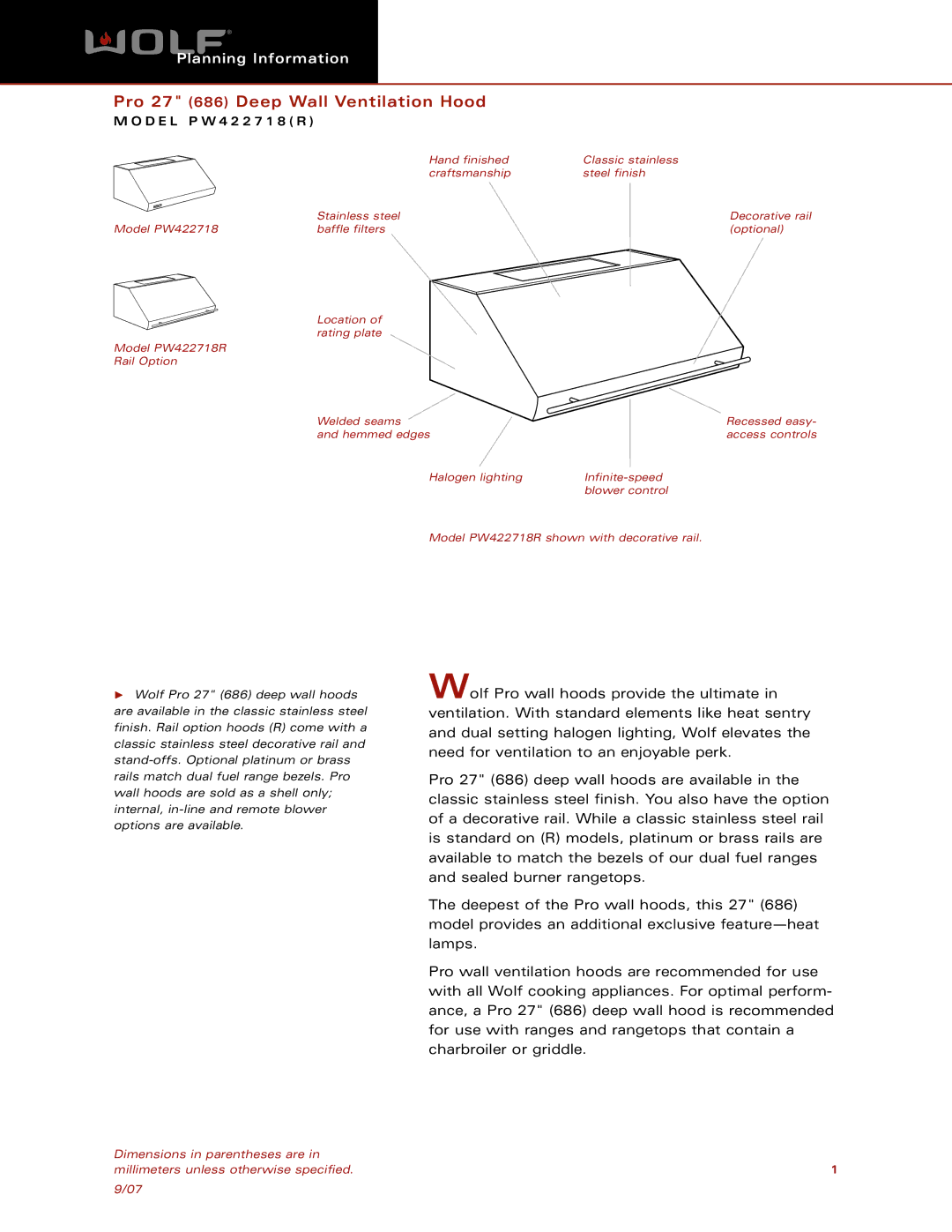 Wolf Appliance Company PW422718 dimensions Pro 27 686 Deep Wall Ventilation Hood 