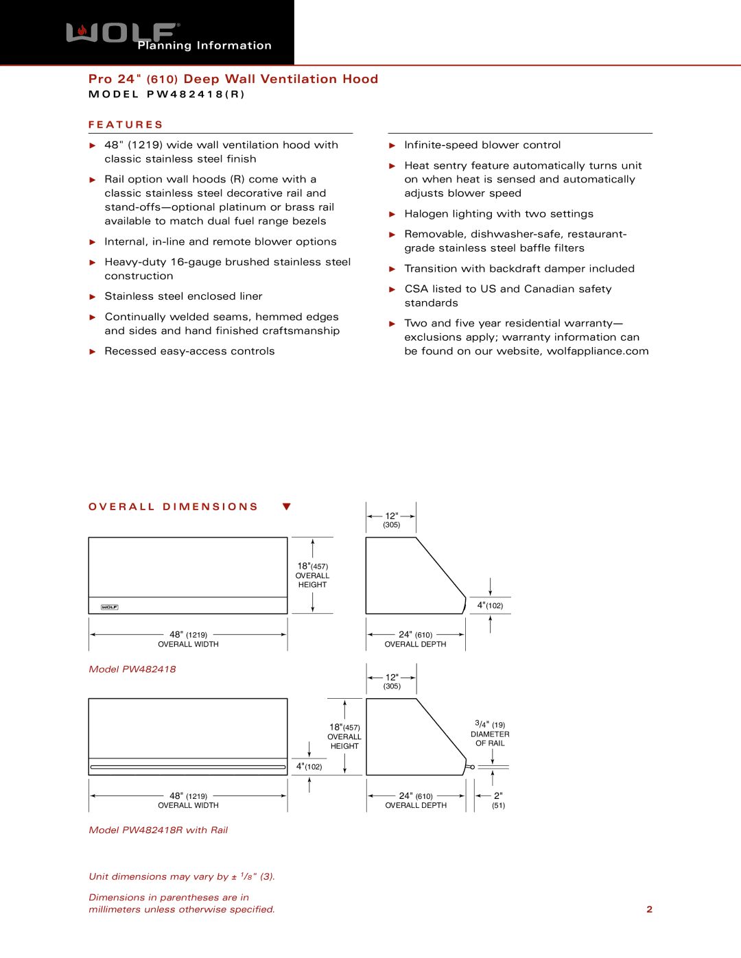 Wolf Appliance Company PW482418R dimensions A T U R E S, E R a L L D I M E N S I O N S 