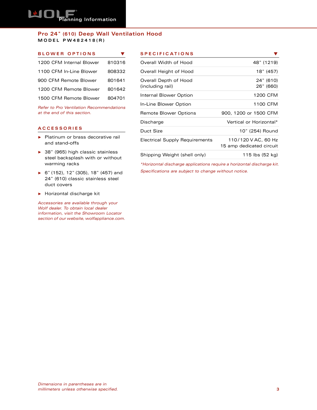 Wolf Appliance Company PW482418R dimensions O W E R O P T I O N S Specification S, C E S S O R I E S 