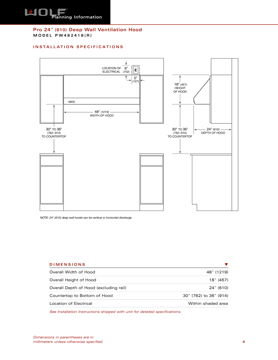 Wolf Appliance Company PW482418R dimensions Installation Specification S, M E N S I O N S 