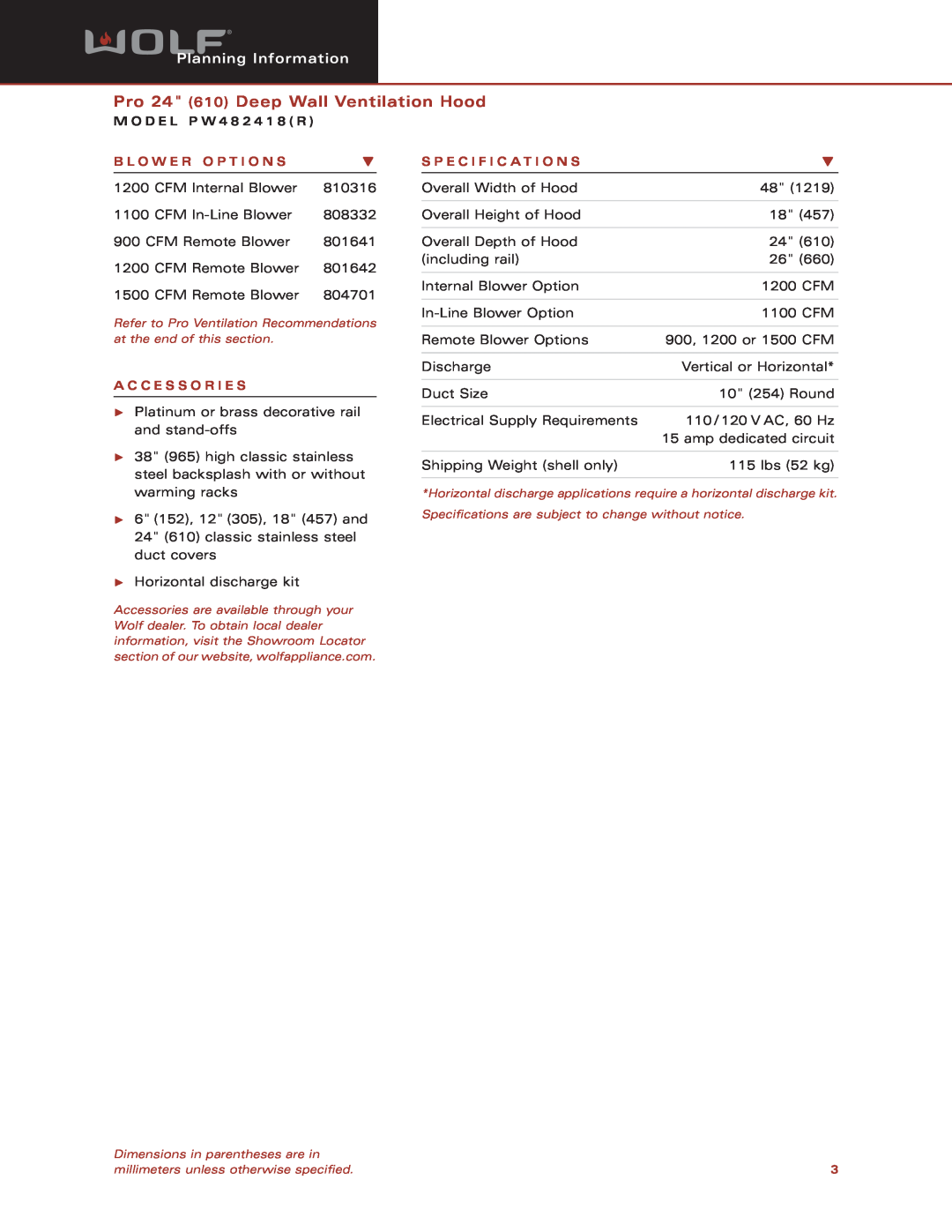 Wolf Appliance Company PW482418R Planning Information, Pro 24 610 Deep Wall Ventilation Hood M O D E L P W 4 8 2 4 1 8 R 