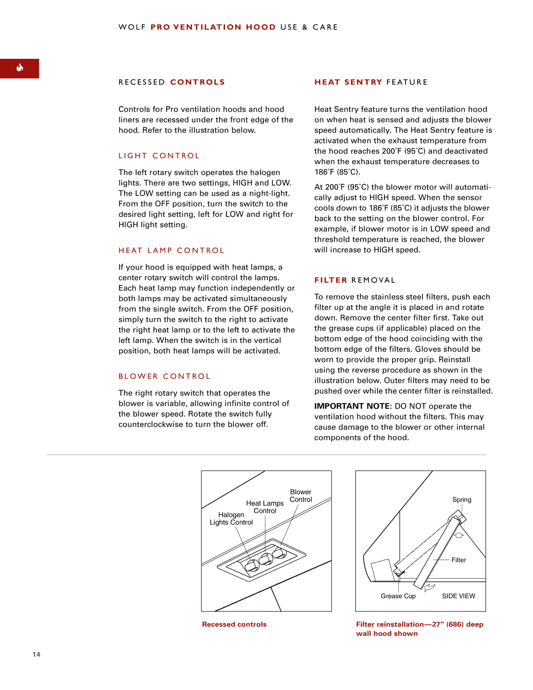 Wolf Appliance Company PWC482418R, PW482718R, PW482210R Heat Sentry F E AT U R E, Filter R E M O VA L, Recessed controls 
