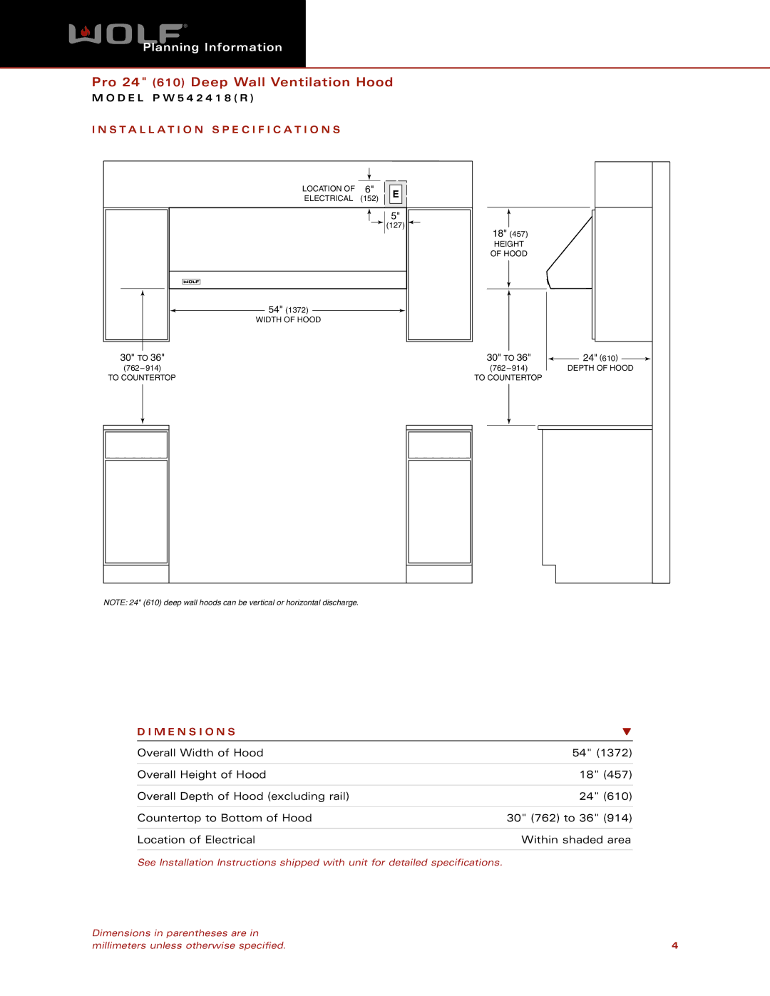 Wolf Appliance Company PW542418R dimensions Installation Specification S, M E N S I O N S 