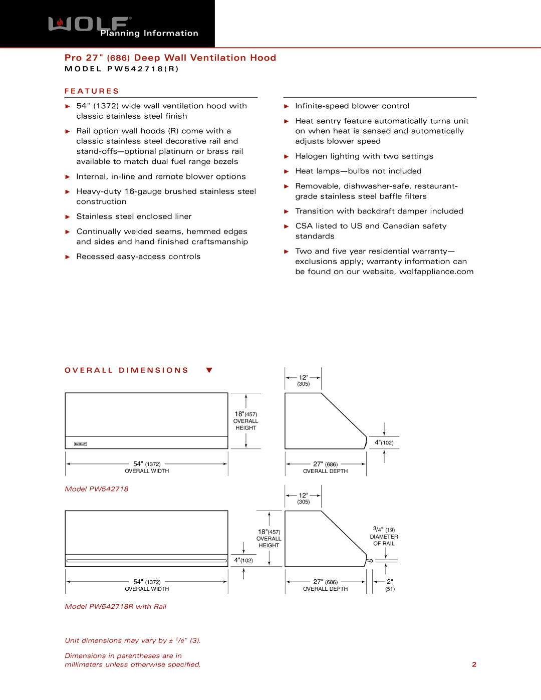 Wolf Appliance Company PW542718R dimensions A T U R E S, E R a L L D I M E N S I O N S 