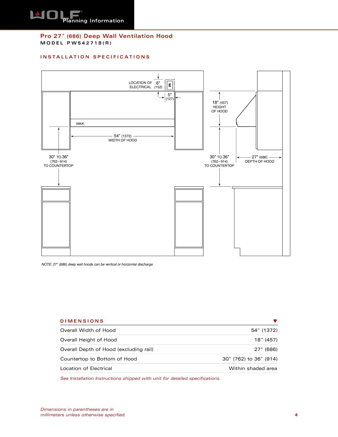 Wolf Appliance Company PW542718R dimensions Installation Specification S, M E N S I O N S 