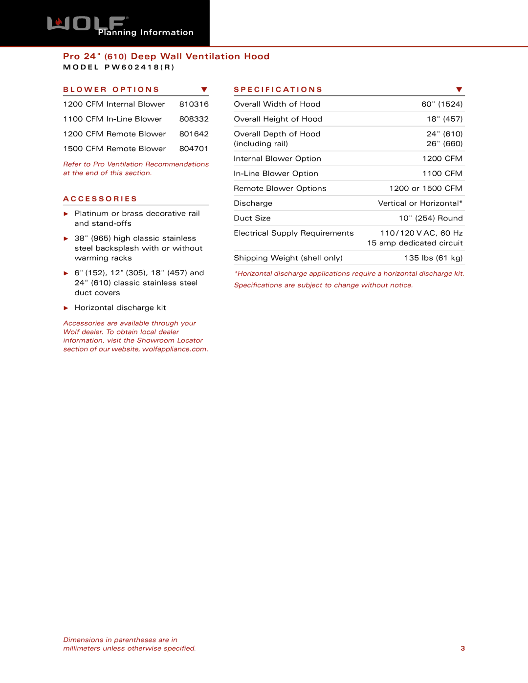 Wolf Appliance Company PW602418(R) dimensions O W E R O P T I O N S Specification S, C E S S O R I E S 