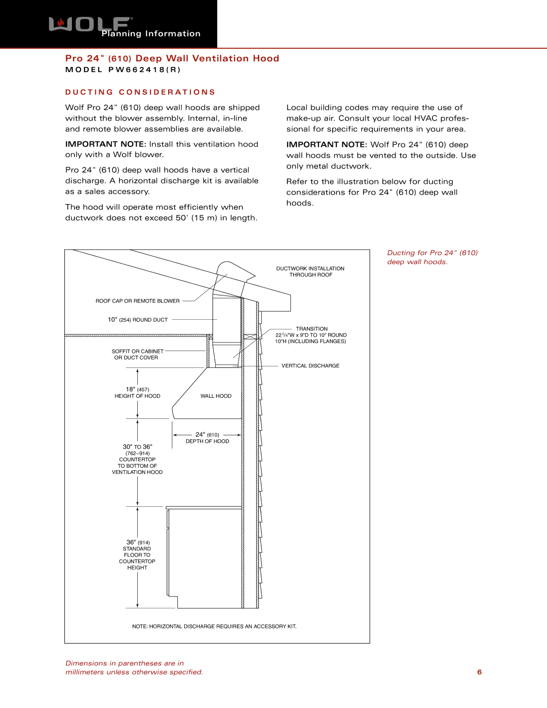 Wolf Appliance Company PW662418 dimensions C T I N G C O N S I D E R a T I O N S, Ducting for Pro 24 610 deep wall hoods 