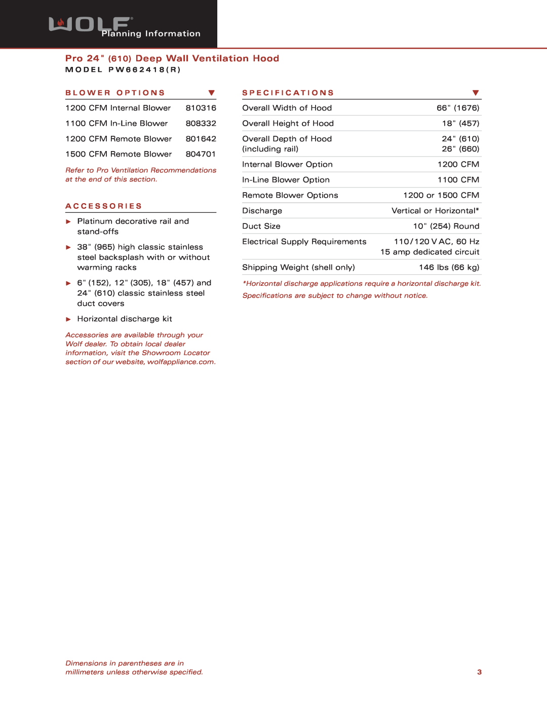 Wolf Appliance Company PW662418 Planning Information, Pro 24 610 Deep Wall Ventilation Hood M O D E L P W 6 6 2 4 1 8 R 