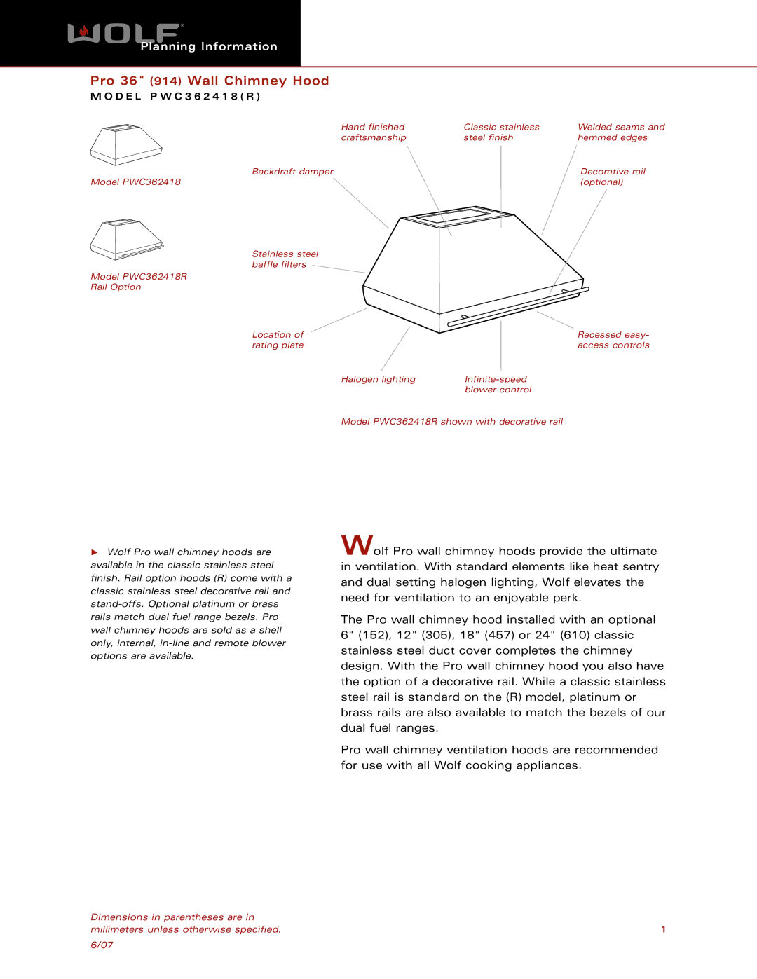 Wolf Appliance Company PWC362418 dimensions Pro 36 914 Wall Chimney Hood 