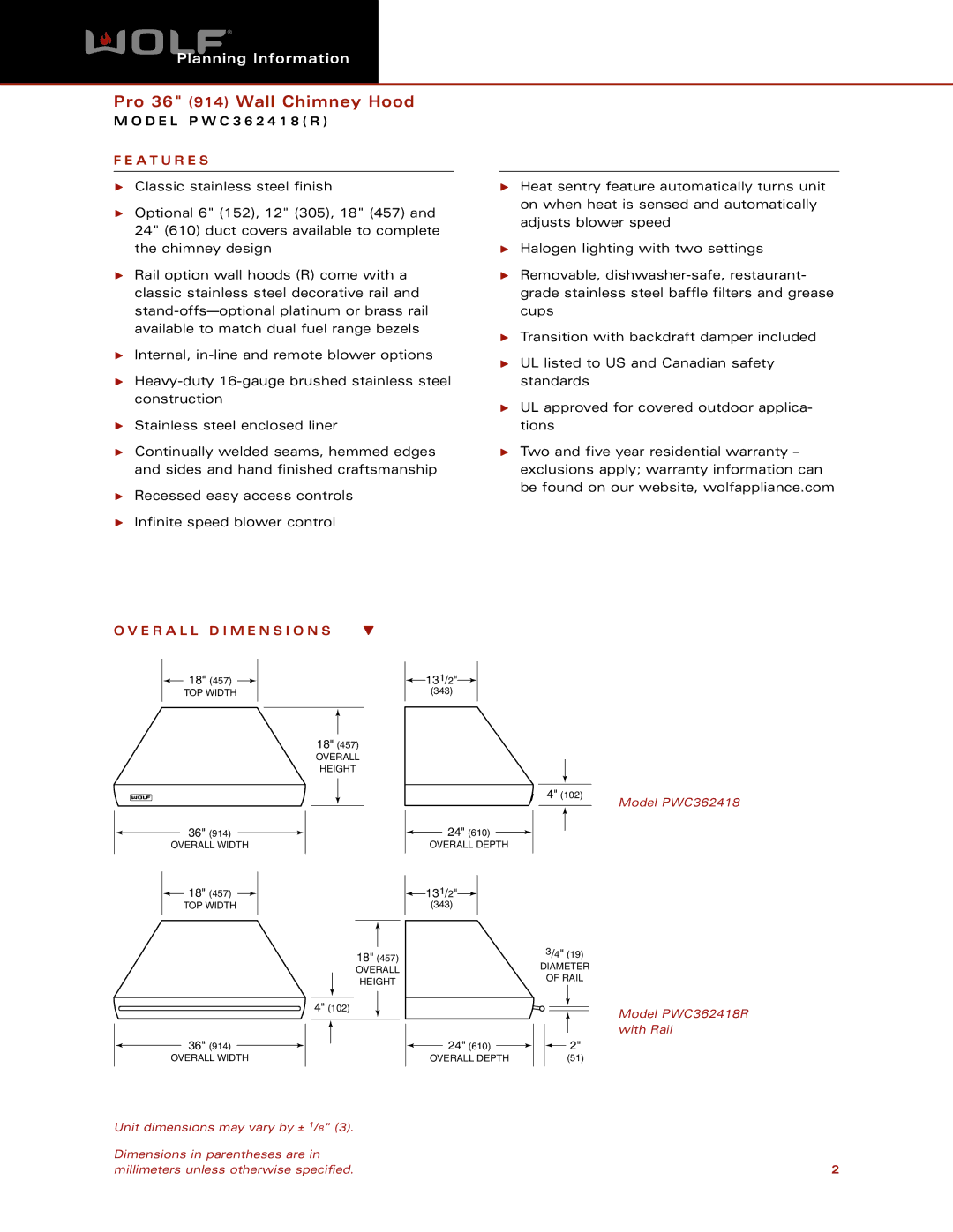 Wolf Appliance Company PWC362418 dimensions A T U R E S, E R a L L D I M E N S I O N S 